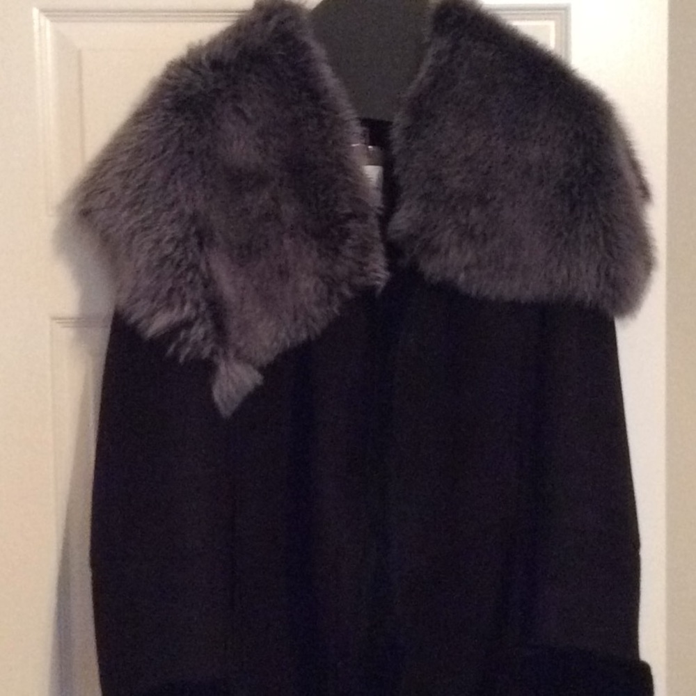 Shearling coat Lamb Fur Badgley Mischka couture black Leather suede Gray Collar - Picture 5 of 13